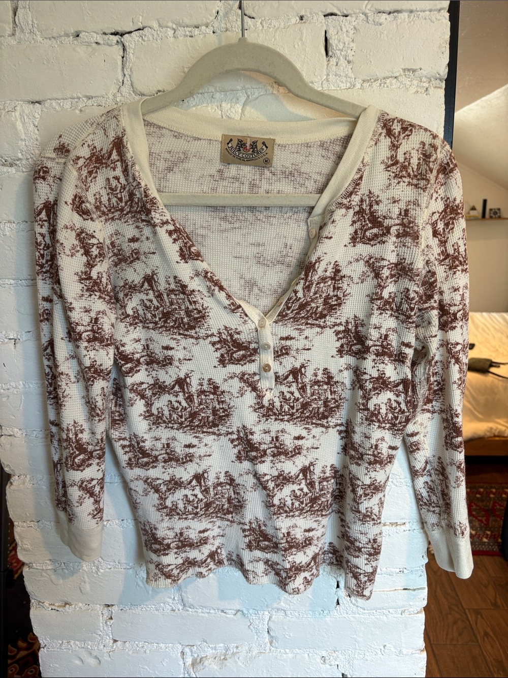 Juicy Couture Women's Cream Long-Sleeve Henley with Brown Toile Print